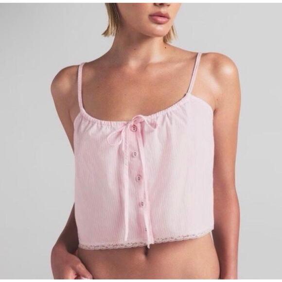 SKIMS Other - NWT SKIMS Cotton Poplin Striped Sleep Cami Tank Top Pink White XXS